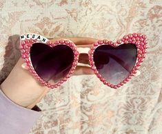 These personalized bedazzled heart shaped sunglasses will be a hit at any wedding event. Shaped Sunglasses, Heart Shaped Sunglasses, 14th Birthday, Bridesmaids Gifts, Wedding Event, Wedding Favours, Candle Making, Gift Item, Wedding Events