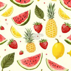 watermelon, pineapple, lemon, strawberry and lime slices on a white background