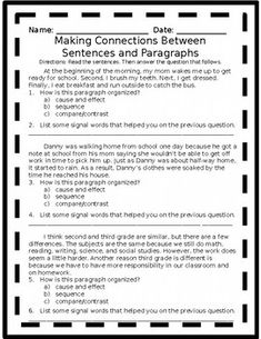 the worksheet for making connections between sentences and paragraphs is shown in black and white