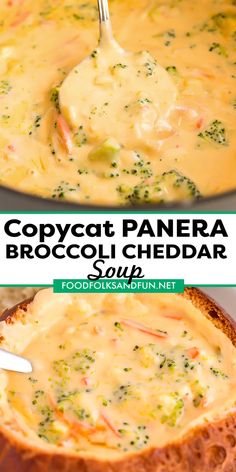 broccoli cheddar soup in a pot with a spoon