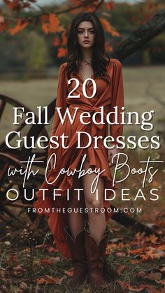 a woman wears fall wedding guest dress and cowboy boots, western outfits Fall Wedding Guest Dress Outdoor Cold, Western Wedding Pant Suit, Cowgirl Dresses With Boots Wedding, Bohemian Dress For Wedding Guest, Maxi Dress With Cowboy Boots Wedding Guest, Cowgirl Boots Christmas Outfit, Western Attire Wedding Guest, Country Themed Bridesmaid Dresses, Boho Wedding Dress Guest Outfit