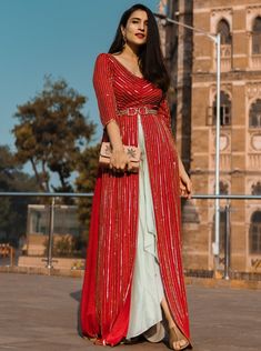 Ease-Red & Blue Jacket Skirt Set-INDIASPOPUP.COM Red Long Sleeve Reception Dress, Formal Embroidered Red Sharara, Formal Red Embroidered Sharara, Red Long Festive Outerwear, Red Long Sleeve Georgette Lehenga, Festive Red Long Outerwear, Festive Long Red Outerwear, Cowl Skirt, Line Embroidery