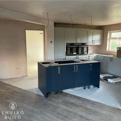 an empty kitchen is shown with blue cabinets