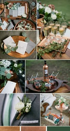 a collage of photos with wine glasses, flowers and greenery on it's trays