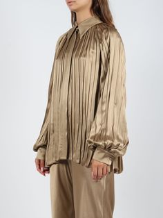 Alberta Ferretti pleated satin shirt. - FW24 - Regular fit - Pointed collar - Hidden button closure - Raglan sleeve - Single-button cuffs - Asymmetric hem - Made in Italy - 64% Acetate, 36% Silk Elegant Pleated Silk Blouse, Elegant Pleated Silk Tops, Elegant Silk Pleated Blouse, Formal Pleated Silk Blouse, Chic Pleated Silk Top, Chic Silk Pleated Top, Elegant Collared Pleated Blouse, Elegant Pleated Collared Blouse, Elegant Spring Shirt With Pleated Details