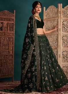 Dark Green and Gold Embroidered Velvet Lehenga– Lashkaraa Velvet Lehenga, Cotton Lehenga, Green Sleeveless Blouse, Bollywood Dress, Party Wear Lehenga Choli, Work Lehenga, Lengha Choli, Green Lehenga, Indian Lehenga