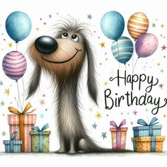 a happy birthday card with a cartoon dog holding balloons and presents in front of him