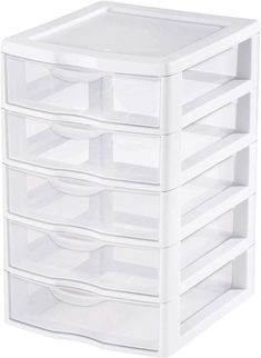 a white plastic drawer with five drawers on top and two shelves below the bottom,