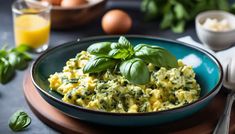 a bowl filled with eggs and spinach on top of a table