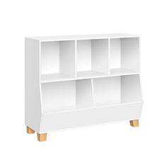 a white bookcase with three shelves and two wooden legs