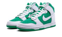 The Nike Dunk High “Pine Green” is a green-and-white colorway of the classic basketball shoe that unofficially nods to the Boston Celtics.  The “Pine Green” Dunk High isn’t affiliated with the Celtics in any way, but the colorway seems to show love to the storied basketball team by featuring its uniform colors on its design.  The shoe dons a Pine Green leather base with white leather overlays and Swoosh branding.  Pine Green “Nike” and Swoosh logos appear on the tongue tag.  Release date: March Sneaker Displays, Nike Models, Nike Dunk High, Dunk High, White Leather Sneakers, Pine Green, Basketball Sneakers, Stadium Goods, Nike Green