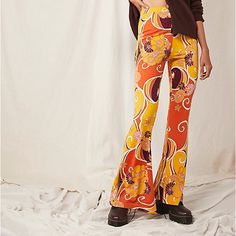 Free People Wildflower Flare Pant In Xs Worn Once - Originally $78 Retro Bohemian Print Yellow Orange White And Brown Stretchy And Comfortable Great For Festivals, Parties, School And Casual Lounging Retro Bohemian, Flare Pant, Bohemian Print, Closet Space, Free People Pants, Orange White, Yellow Orange, Flare Pants, Orange Yellow