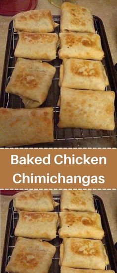 baked chicken and chimichangas on a baking rack in the process of being cooked