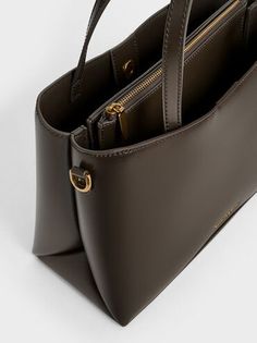 Dark Moss Sybill Tote Bag - CHARLES & KEITH US Leather Satchel With Handles, Modern Solid Color Shoulder Bag For Office, Modern Workwear Satchel With Handles, Modern Structured Bags With Handles, Modern Structured Bag With Handles, Office Shoulder Bag With Solid Color And Handles, Modern Bags With Detachable Handle In Solid Color, Chic Satchel With Handles, Modern Satchel For Everyday Use