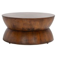 a round wooden table with two legs and a circular top, on an isolated white background