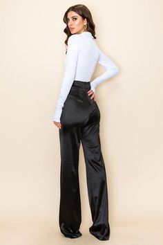 Satin stretch high-waisted, wide-legged pants with back zipper and a pintuck seam. 33" inch inseam. Black Satin Pants Outfit, Satin Trousers Outfit, Satin Pants Outfit, Clear Mules, High Waisted Pants Outfit, Stretch Satin Fabric, Luxe Lounge, Trouser Outfit, Dinner Dates