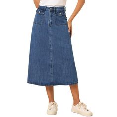 Elevate your style with this denim maxi skirt, crafted from soft yet durable denim that drapes beautifully to flatter your figure. Its high-waisted design elongates your silhouette, while the A-line cut creates a graceful flow. Stand out with the trendy flap pockets, not only adding a touch of functionality but also enhancing the skirt's visual appeal. Pair it with a fitted blouse and heels for a polished, office-ready look, or dress it down with a graphic tee and_ sneakers for a weekend stroll. Non-stretch Long Denim Skirt, Denim Blue Midi Skirt With Pockets, Non-stretch Denim Blue Straight Leg Skirt, Dark Wash Midi Skirt With Pockets, Casual Wide Leg Dark Wash Maxi Skirt, Casual Denim Maxi Skirt With Pockets, Casual Denim Blue Wide Leg Maxi Skirt, Spring Straight Leg Maxi Skirt With Pockets, Casual High Waist Denim Blue Maxi Skirt