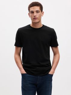 Soft cotton jersey T-shirt.  Crewneck.  Short sleeves.  Standard fit.  Slim through the chest and shoulders.  Hits at the hip.  Colin in black, blue) is 6'2"/188cm with 32"/81cm waist and 32"/81cm inseam wearing regular Gap Gap Everyday Crew Neck T-shirt, Classic Stretch Crew Neck T-shirt, Gap Stretch Cotton T-shirt, Gap Graphic Tee Short Sleeve T-shirt, Gap Graphic Tee With Short Sleeves, Gap Graphic Tee Short Sleeve, Fitted Gap T-shirt, Fitted Gap T-shirt For Everyday, Black Stretch T-shirt For Everyday