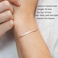 "Material Stainless Steel Customized 3D bar bracelet can be engraved in all 2 sides up to 10 characters on each side，Type your longitude, coordinates, roman numeral, names, initials, your special date or inspirational words to design your own necklace, makes you unique and show off your personalit. ♥Description: Material: Stainless steel, Steel Size: 40mm*3mm Weight: 5.6g Chain length: 15+3cm (Adjustable) How To Order -Add the item to your cart. Please leave all of the details I need to complete Minimalist Metal Bracelets For Mother's Day, Minimalist Metal Name Bracelet As Gift, Minimalist Rose Gold Bracelet For Bridesmaid Gift, Minimalist Stainless Steel Bracelets For Mother's Day, Adjustable Rose Gold Nameplate Jewelry, Customizable Minimalist Rose Gold Name Bracelet, Minimalist Customizable Rose Gold Name Bracelet, Engraved Bracelet Jewelry Gift, Silver Personalized Bracelets For Bridesmaid Gift