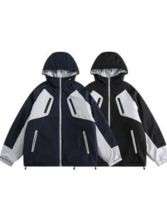 two jackets with hoods on each side, one is black and the other is white