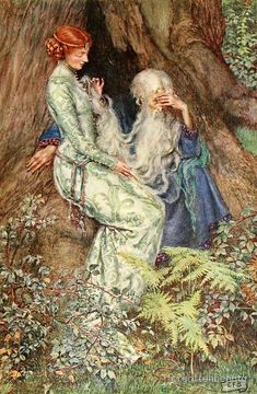 an illustration of two women in the woods, one with white hair and blue dress