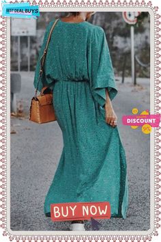 Casual Print Patchwork V Neck Waist Skirt Dresses Fashion Pattern, Printed Sleeves, Maxi Dress With Sleeves, Batwing Sleeve, V Neck Dress, Half Sleeve, Floral Print Dress, Half Sleeves, Green Dress