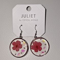 Beautiful A D Unique Earrings From Juliet By Crystal Avenue. Just In Time For Spring! Great Gift Idea! Silver Earrings With Red Pressed Flower Design In Clear Circle. Lead And Cadmium Compliant. I Reasonable Offers! Check Out My Other Listings For More Great Earrings...Bundle To Save More! Thank You! Red Round Flower Earrings With Ear Wire, Red Flower Earrings For Pierced Ears, Earring Bundle, Shrink Plastic, Pressed Flower, Just In Time, Unique Earrings, Pressed Flowers, Flower Design