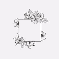 a black and white drawing of flowers with a square frame in the middle on a plain background