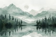 a mountain lake with trees and mountains in the background is surrounded by foggy clouds