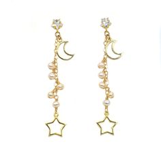 Sweet Night Earrings – La Meno Celestial Yellow Gold Earrings Tarnish Resistant, Gold Hypoallergenic Dangle Jewelry, Celestial Yellow Gold Earrings, Hypoallergenic Gold Dangle Jewelry, Celestial Single Earring In Yellow Gold, Celestial Yellow Gold Single Earring, Elegant Hypoallergenic Moon-shaped Jewelry, Elegant Hypoallergenic Moon Shaped Jewelry, Elegant Moon Charm Drop Earrings