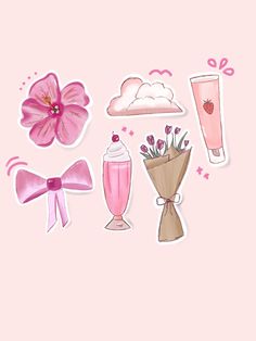 pink stickers with flowers, vases and other items on a light pink background