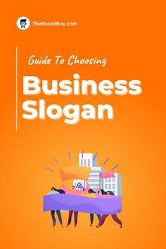 an orange book cover with the title guide to choosing business slogan on it and two people sitting at a table