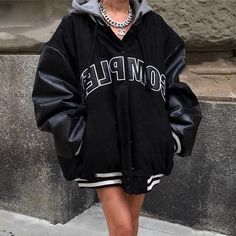 Color: Black, Size: M Grunge Outfits Black, Varsity Jacket Outfit, Y2k Shorts, Y2k Tops, Skirt And Sneakers, Y2k Clothes, Trendy Summer Outfits, Basic Long Sleeve, Jacket Brands