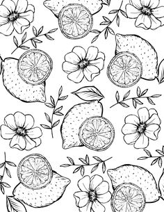 the fruit and flowers are drawn in black and white, with one piece cut off