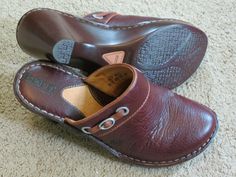 This listing is for a super pair of Born brown leather clogs, womens size 6 M.  They are in great / gently worn condition. Our home is smoke free and pet free, but I cannot guarantee that all items have always been in a smoke free and pet free environment.  I am sensitive to smoke smell and will note it when I notice it.  I do try to describe things as well as I can, but please don't hesitate to ask any questions. Brown Slip-on Mules With Cushioned Footbed, Brown Leather Footbed Mules, Brown Slip-on Clogs With Leather Footbed, Comfortable Brown Clogs With Stitched Sole, Brown Slip-on Clogs, Brown Clogs With Stitched Sole, Brown Cushioned Slip-on Mules, Brown Slip-on Mules With Stitched Sole, Brown Slip-on Clogs With Stitched Sole