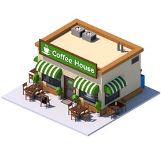 an illustration of a coffee house with tables and chairs on the outside, under awnings