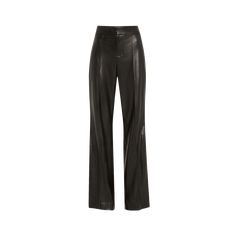 Alice + Olivia "Dylan" pants in faux-leather (polyurethane/polyester) Approx. 32.25" inseam; 11" rise High rise Pintucked front Back welt pockets Wide legs Full length Hook/zip fly Lining: Polyester Dry clean Imported Sleek Leather Straight Pants With Belt Loops, Sleek Straight Leather Pants With Belt Loops, Chic High-waist Leather Pants For Formal Occasions, Chic High Waist Leather Pants For Formal Occasions, Leather Trousers For Office, Chic Full-length Faux Leather Pants, High Waist Leather Pants For Work, Chic Standard Cut Leg Pants For Fall, Modern Fitted Wide Leg Leather Pants