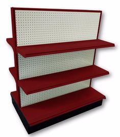 three red shelves with white dots on them