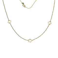 Elevate your style with the 18K Solid Yellow Gold Three Star of David Inline Necklace This exquisite 18K Solid Yellow Gold Three Star of David Inline Necklace features a delicate 16-inch chain with an extra ring at 14 inches, allowing it to be worn as a small necklace or as a choker. Perfect for both adults and teenagers, this versatile piece adapts to suit a variety of styles and occasions. Each Star of David is aligned in a beautiful linear arrangement, creating a powerful statement of faith a Yellow Gold Star Of David Necklace With Delicate Chain, Elegant Star Of David Charm Necklace With Delicate Chain, Elegant Star Of David Necklace With Delicate Chain, Yellow Gold Star Of David Jewelry With Delicate Chain, Dainty Yellow Gold Star Of David Necklace, Elegant Star Of David Necklace, Minimalist Yellow Gold Star Of David Necklace, Classic Star-shaped Necklace As Gift, Classic Star-shaped Necklace For Gift