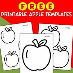 three apple coloring pages with the words free printable apples in red and green colors