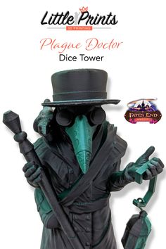 Dark fantasy Plague Doctor dice tower character against a white wall backdrop, casting a mysterious shadow. Trench coat, lantern, plague doctor mask, goggles, and hat create an enigmatic aura. The figure carries a distinctive shoulder bag, a long sceptre, and is accompanied by a crow perched on their shoulder. Intriguing and captivating dice tower design. Plague Doctor Character, Doctor Character, The Plague Doctor, Medieval Design, The Plague