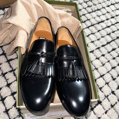 Gucci Shoes Men 8.5 Us. Condition Is New With Box. Retail Over 900. Size 7.5 In Eur Which Is 8.5 Us Designer Tassel Loafers With Leather Sole, Classic Black Gucci Leather Shoes, Gucci Black Dress Shoes With Branded Insole, Gucci Designer Dress Shoes With Round Toe, Formal Leather Low-top Tassel Loafers, Formal Leather Tassel Loafers Low-top, Gucci Black Round Toe Dress Shoes, Gucci Black Leather Shoes With Leather Sole, Gucci Tassel Loafers With Round Toe For Formal Occasions