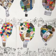 several hot air balloons are shown in this collage with different colors and shapes on them