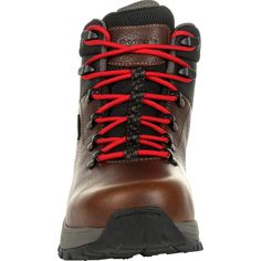 The men's Georgia Boot Eagle Trail collection combines lightweight construction with supreme comfort creating a hiker style work boot perfect for light indoor and outdoor industrial applications.The upper on this 6-inch protective toe boot features the incredibly tough and abrasion resistant SPR™ leather, dual functioning hardware, and a molded collar for added comfort. It comes with a pair of red and a pair of black laces.The alloy toe is Ergo-Fit. It allows your toes more wiggle room while sti Hiker Style, Georgia Boots, Work Boot, Round Toe Heels, Shoe Size Conversion, Black Laces, Waterproof Boots, Toe Designs, Famous Brands