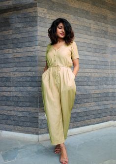 "Olive baggy jumpsuit for women, Linen jumpsuit, Made to order, Custom made, Plus size -Model height: 5'3\" wearing size S -Length: 52\" -Fit: Comfortable **Note: Free Shipping time 15-21 days. Express Shipping time 5-7 days.**" Casual Relaxed Fit Maxi Jumpsuits And Rompers, Relaxed Fit Maxi Length Jumpsuits And Rompers, Casual Maxi-length Relaxed Fit Jumpsuits And Rompers, Baggy Jumpsuit, Bohemian Pants, Linen Tunic Dress, Jumpsuit For Women, Womens Jumpsuits, Hand Work Blouse