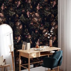 Dark Background Wallpaper Bird Removable Wall Covering image 1 Wallpaper Moody, Dark Floral Wallpaper, Vintage Floral Wallpaper, Moody Wallpaper, Large Wall Murals, Dark Background Wallpaper, Vintage Floral Wallpapers, Wallpaper Peel, Solid Hardwood Floors