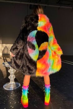 Area 51 Fur Coat x Rainbow Rave Fur Coat, Rainbow Fur Coat, Festival Fur Coat, Black And Rainbow Outfit, My Space Aesthetic, Aliencore Outfit, Space Aesthetic Outfit, Scenecore Fashion, Space Grunge Fashion