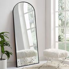 a mirror sitting on top of a table next to a potted plant in front of a window