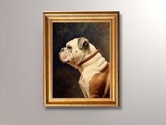 a painting of a dog in a gold frame on the wall next to a gray wall