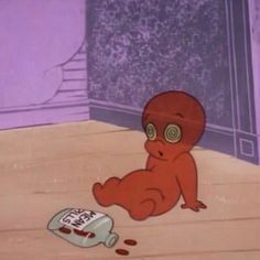 an image of a cartoon character laying on the floor with his head in a bottle